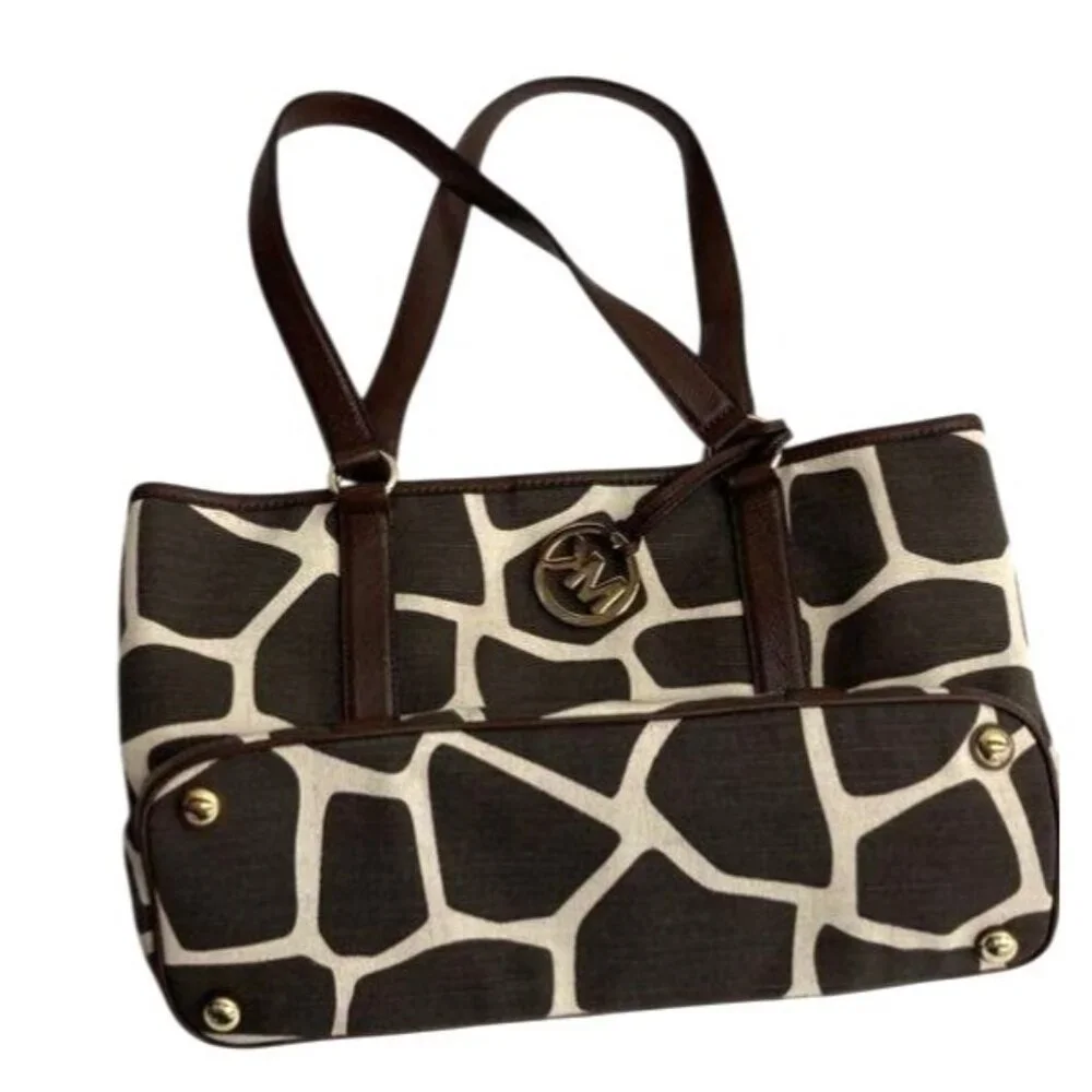Michael Kors Brown &‎ Cream Giraffe Print Canvas Tote Bag Purse Gold Hardware